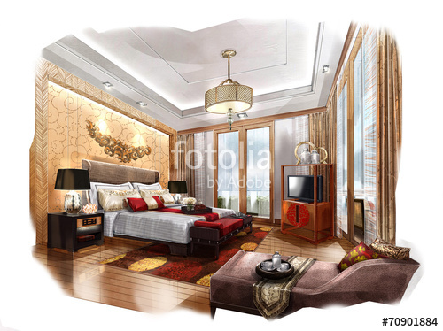 500x374 Sketch Design Bedroom,interior Design,hotel Stock Photo And - Hotel Room Sketch