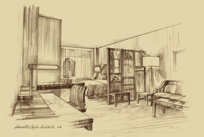 700x470 Architectural Rendering Freehand Sketch Pencil Drawing Interior - Hotel Room Sketch