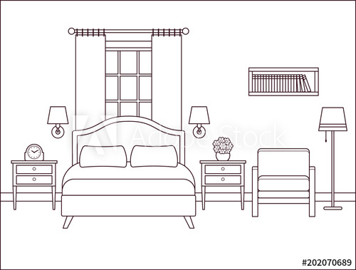 500x379 Bedroom Interior. Hotel Room With Bed And Window. Vector. Outline - Hotel Room Sketch