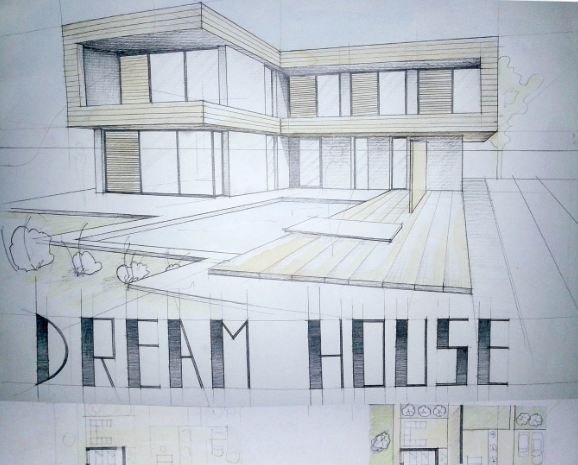 578x465 Modern House Drawing Perspective Floor Plans Design Architecture - House Drawing Sketch