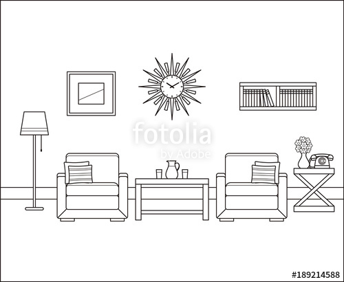 500x410 Room Interior In Line Art. Retro Living Room. Vector. Linear - House Outline Sketch
