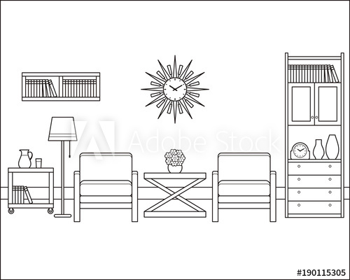 500x400 Room Interior Outline Sketch. Retro Living Room In Flat Design - House Outline Sketch