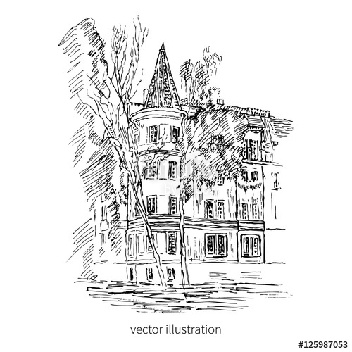 500x500 Vintage Tile Old European House, Vector Graphic Illustration - House Outline Sketch