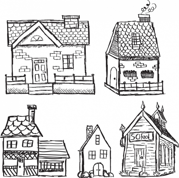 600x599 Retro Houses Icons Black White Handdrawn Sketch Free Vector In - House Roof Sketch