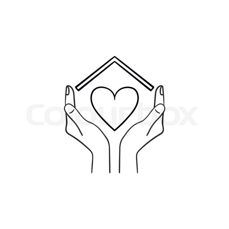 800x800 Sweet Home Hand Drawn Outline Doodle Icon. Hands Holding Heart - House Roof Sketch