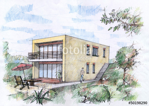 500x355 Modern House Sketch By Color Pencils Stock Photo And Royalty Free - House Sketch Color