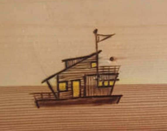 570x447 Woodburned Houseboat Sketch On Wood Plate Etsy - Houseboat Sketch