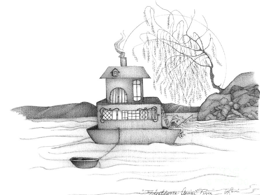 900x676 Abstract Landscape Art Black And White Boat House Annies River By - Houseboat Sketch