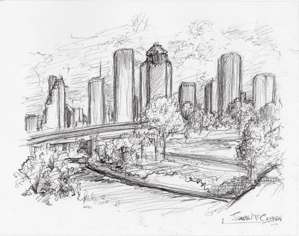 1000x791 Houston Skyline Pencil Drawing - Houston Sketch