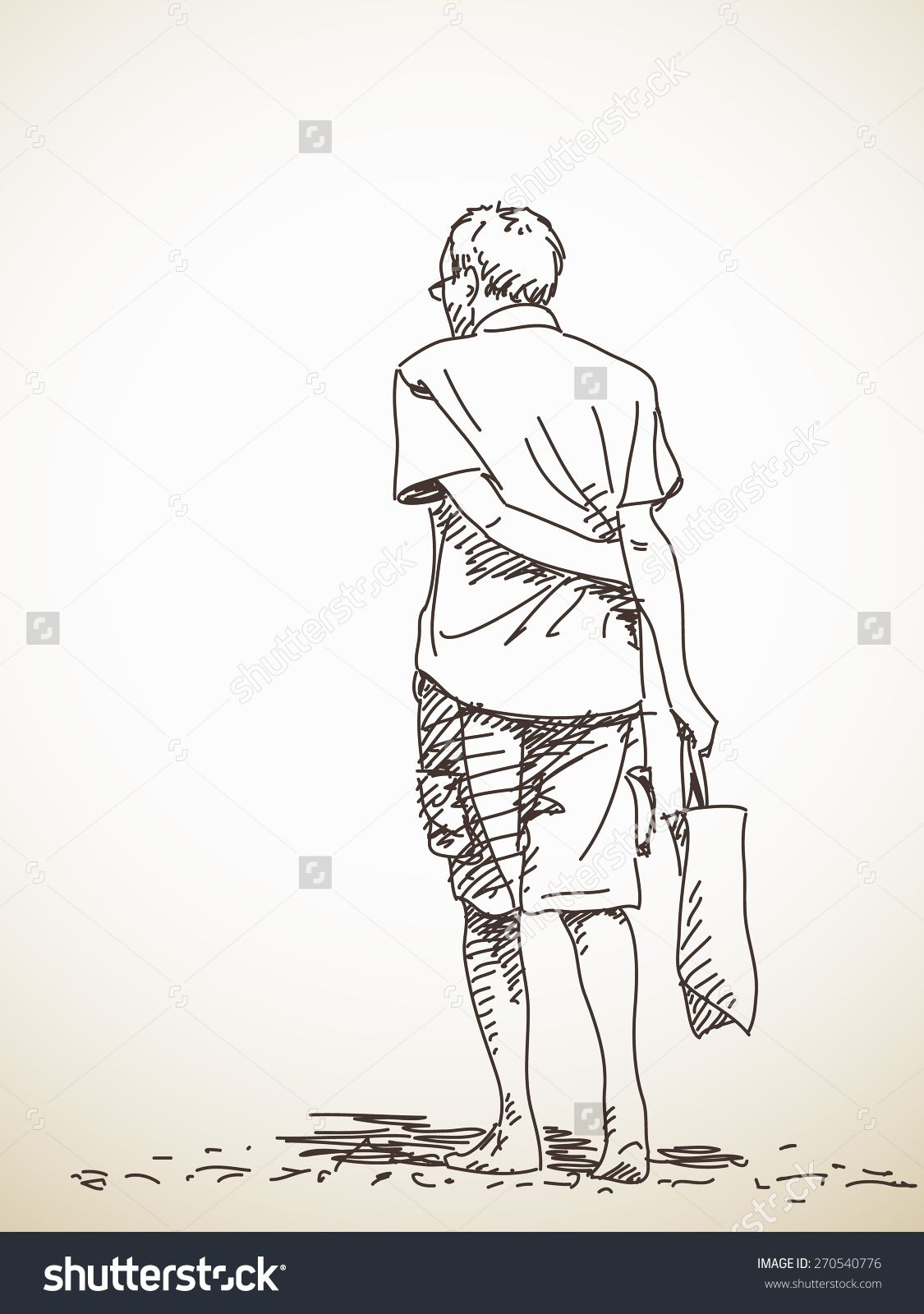 1125x1600 Sketch Of Old Man Walking Barefoot Back View Hand Drawn Vector - How To Draw A Sketch Of A Person