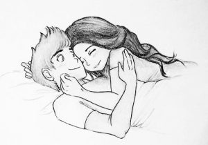 300x210 Cartoon Boy And Girl Hug Sketch - Hug Sketch