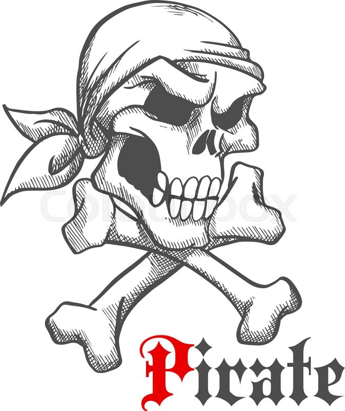 673x800 Pirate Captain Skull With Crossbones Vintage Sketch Illustration - Human Skeleton Sketch