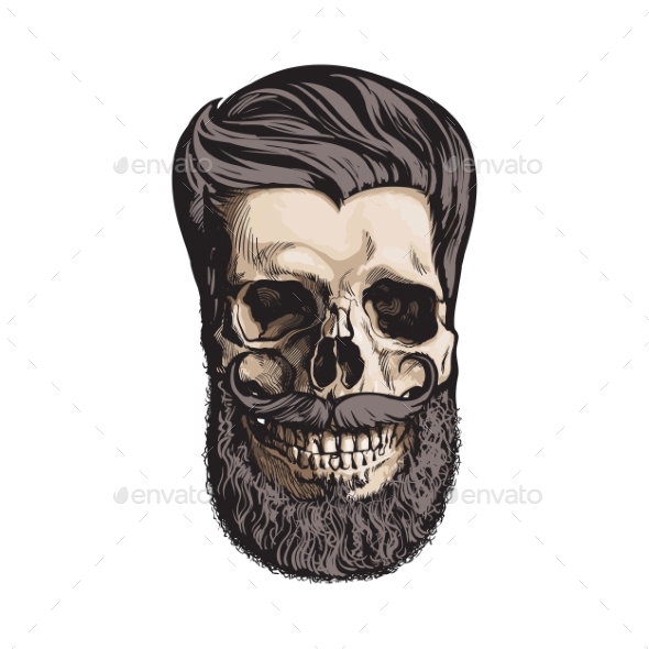 590x590 Human Skull With Hipster Hairdo And Beard By Sabelskaya Graphicriver - Human Skull Sketch