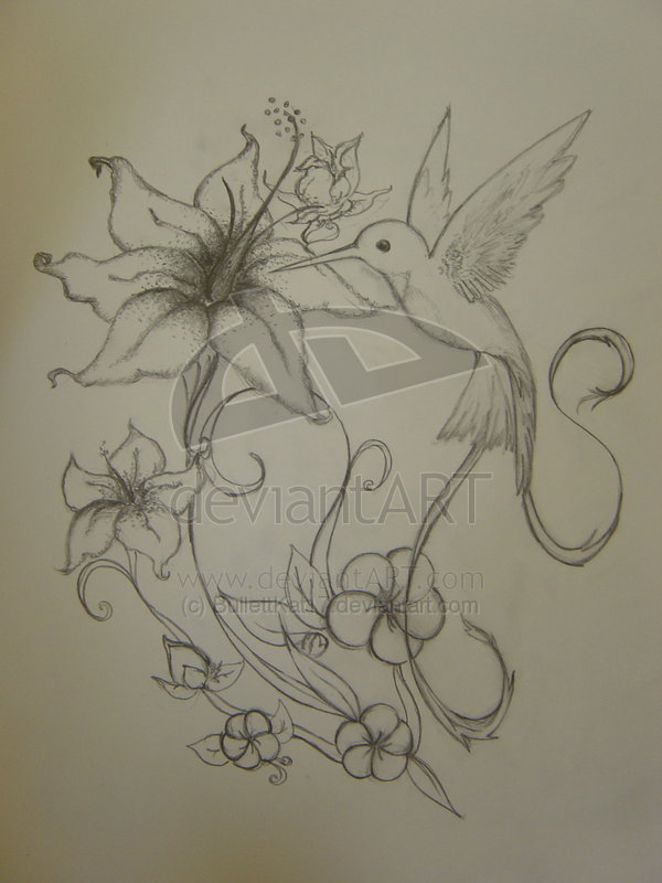 600x800 Hummingbird N Flowers Tattoo Sketch - Hummingbird Sketch Tattoo