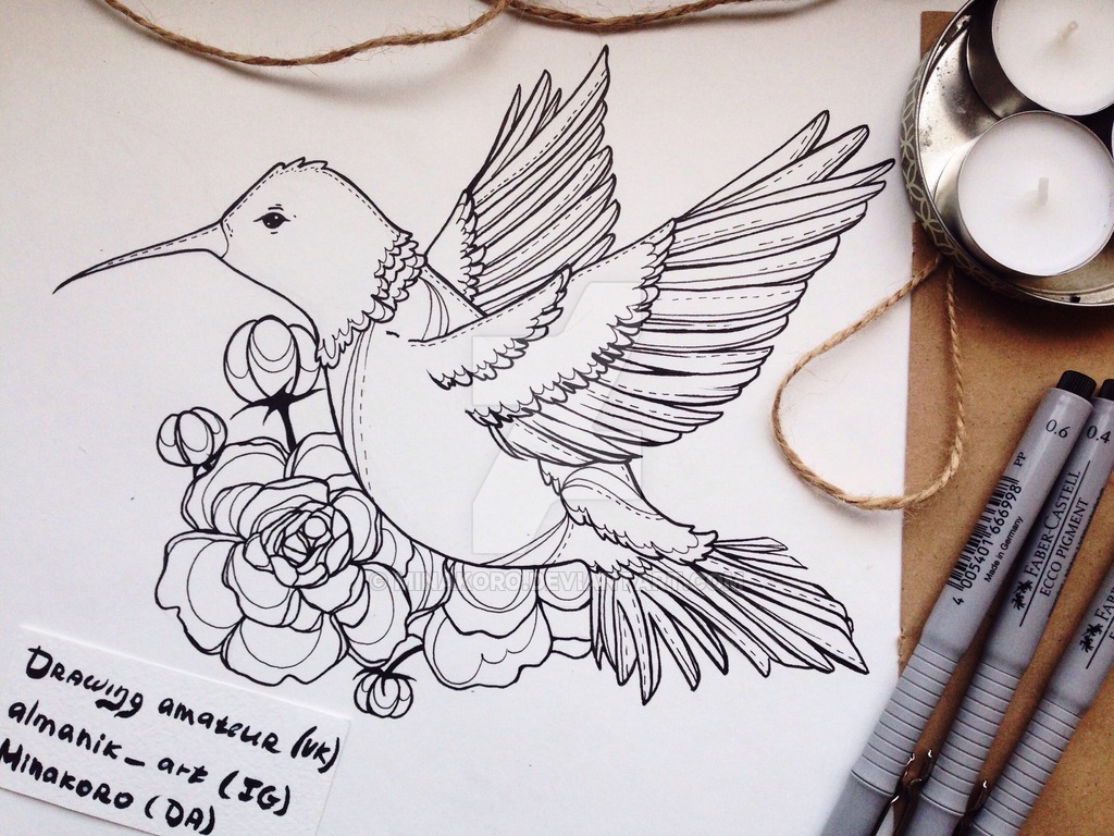 1024x768 Hummingbird Tattoo Sketch By Minakoro - Hummingbird Sketch Tattoo