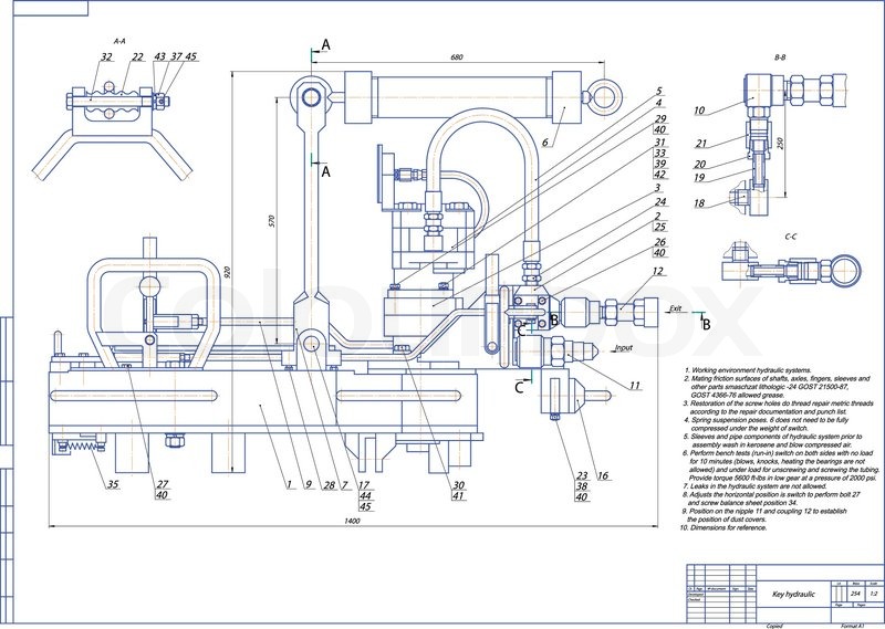 800x569 Machine Building Drawing. Key Hydraulic. Vector Illustration - Hydraulic Sketch