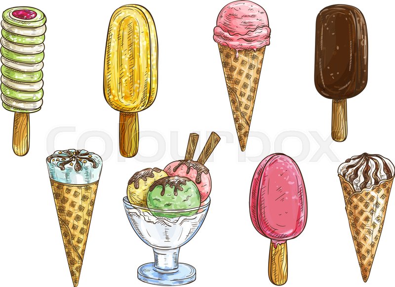 800x581 Ice Cream Dessert Sketch. Vanilla And Strawberry Ice Cream Cone - Ice Cream Cone Sketch