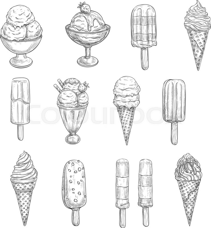 741x800 Ice Cream Sketch Vector Icons. Isolated Set Of Frozen Desserts - Ice Cream Scoop Sketch