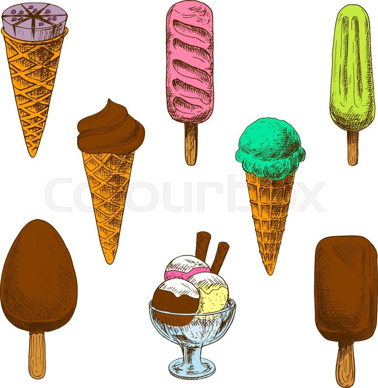 779x800 Chocolate, Mint And Blueberry Ice Cream Cones Sketches With - Ice Cream Sketch