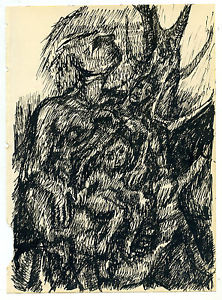 222x300 Vintage 9 Strange Ink Sketch Drawing Impressionism Motherly Love - Impressionism Sketch