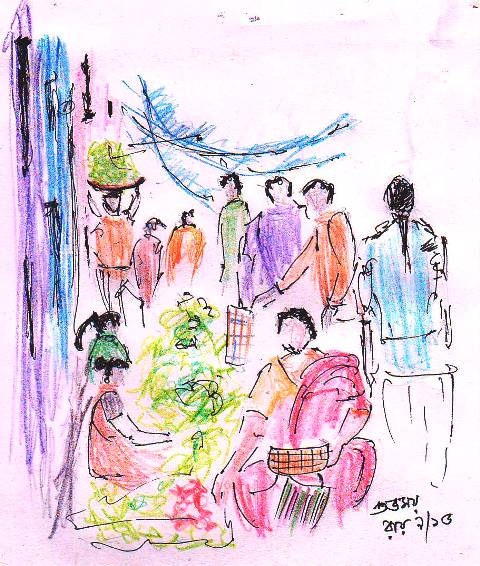 480x566 Sketch Vegetable Market India Letterset - India Sketch