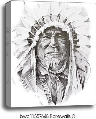 314x390 Canvas Print Of Tattoo Sketch Of Native American Indian Chief - Indian Chief Sketch