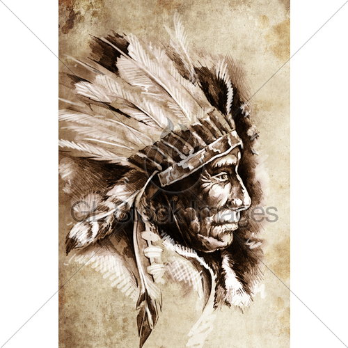 500x500 Indian Head Chief Illustration. Sketch Of Tattoo Art, Ove... Gl - Indian Chief Sketch