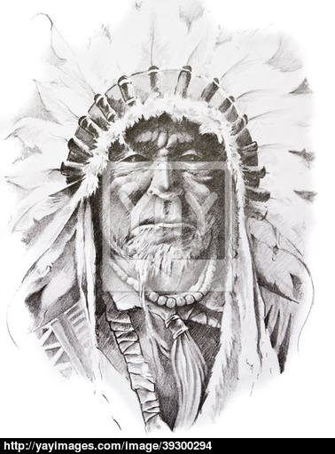 378x512 Tattoo Sketch Of Native American Indian Chief, Hand Made Image - Indian Chief Sketch
