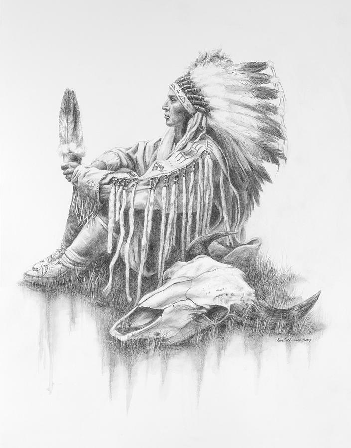 704x900 He Who Seeks A Vision Drawing By Kim Lockman - Indian Chief Sketch