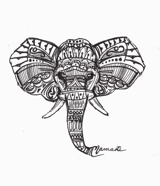 550x640 Maria Changalidi Artwork Namaste Elephant Original Drawing Pen - Indian Elephant Sketch