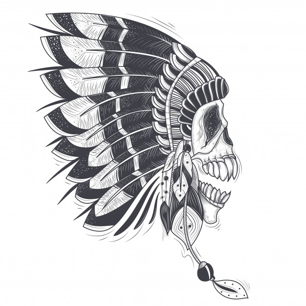 626x626 Vector Illustration Of A Template For A Tattoo With A Human Skull - Indian Feather Sketch
