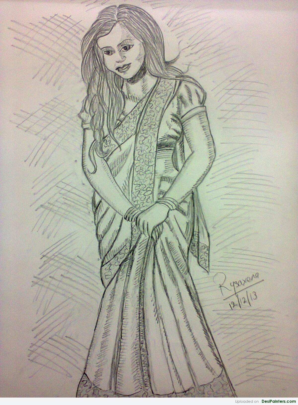 1200x1630 Pencil Sketch Of An Indian Girl In Saree - Indian Girl Sketch