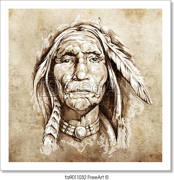 561x581 Free Art Print Of Sketch Of Tattoo Art, Portrait Of American - Indian Head Sketch