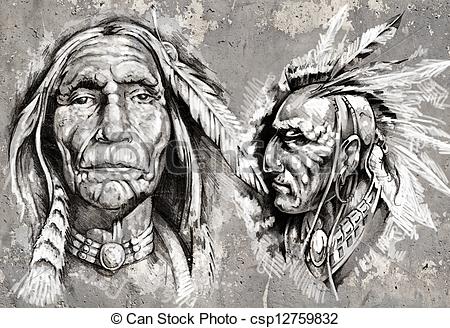 450x328 Native American Indian Head, Chiefs, Retro Style. - Indian Head Sketch
