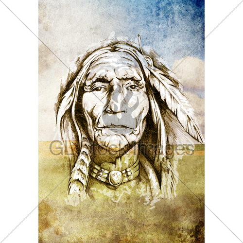 500x500 Sketch Of Tattoo Art, Indian Head Over Field Background Gl Stock - Indian Head Sketch