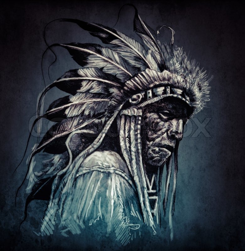 780x800 Tattoo Art, Portrait Of American Indian Head Over Dark Background - Indian Head Sketch