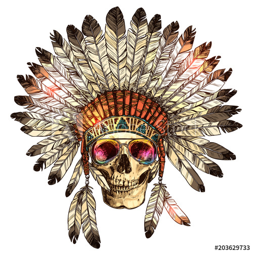 500x500 Hand Drawn Color Native American Indian Headdress With Human Skull - Indian Headdress Sketch