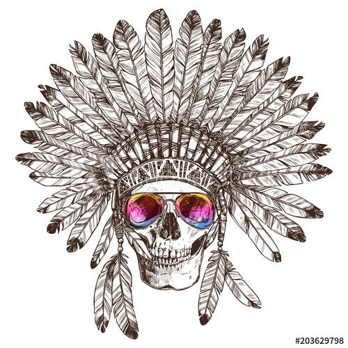 500x500 Hand Drawn Native American Indian Headdress With Human Skull And - Indian Headdress Sketch