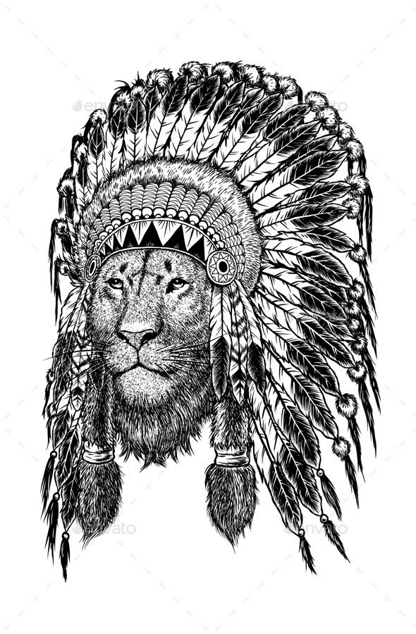 590x900 Lion Wearing Indian Headdress By Svperkidz Graphicriver - Indian Headdress Sketch