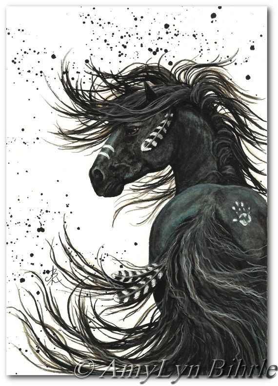 570x790 Majestic Mustang Black Stallion Native American Friesian Horse Art - Indian Horse Sketch