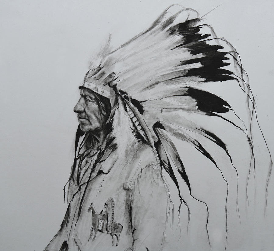 900x822 Oglala Sioux Chief American Horse Drawing By Johnny Bone - Indian Horse Sketch