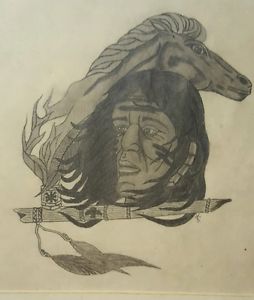 254x300 Original Pencil Drawing Native American Indian Peace Pipe Horse - Indian Horse Sketch