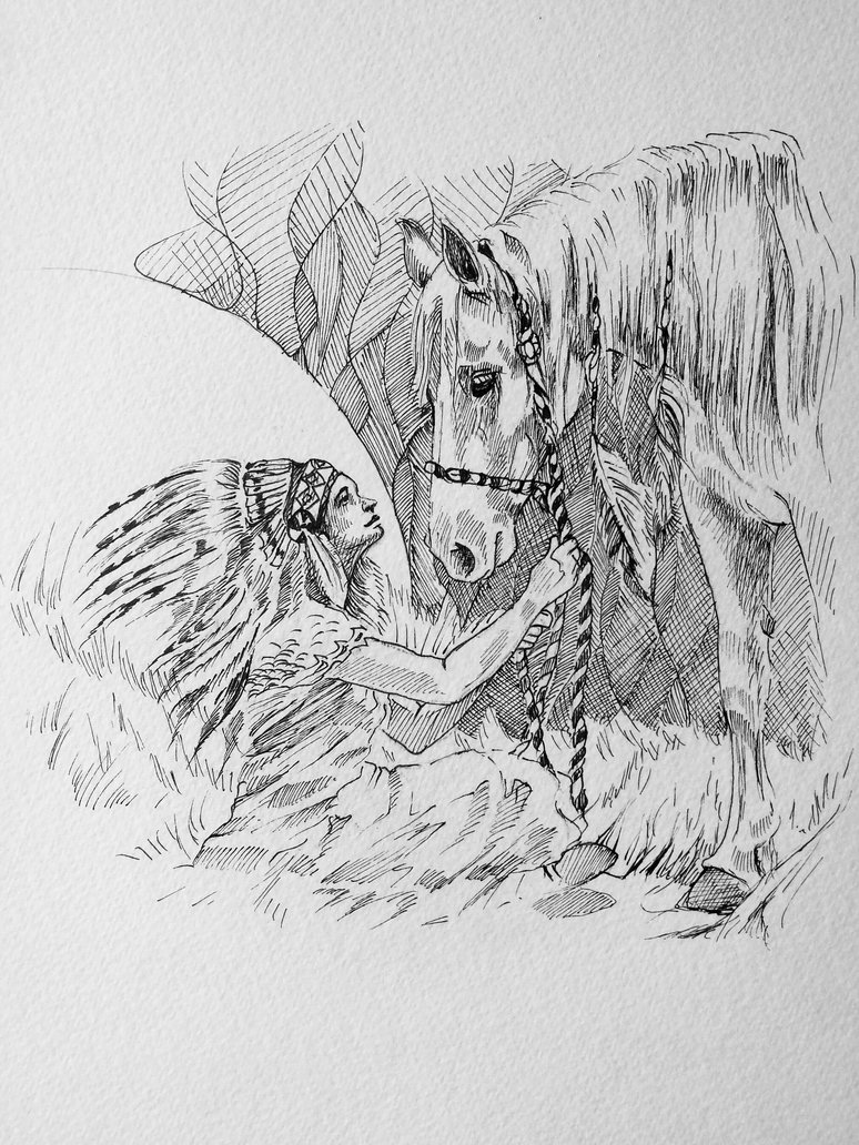 774x1032 Free Download Indian Girl And Horse By Lineke Lijn - Indian Horse Sketch