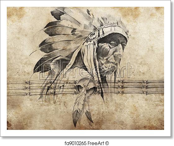 560x470 Free Art Print Of Tattoo Sketch Of American Indian Tribal Chief - Indian Tattoo Sketch