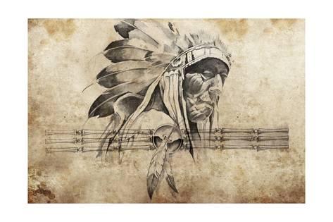 473x315 Tattoo Sketch Of American Indian Tribal Chief Warrior Poster By - Indian Tattoo Sketch
