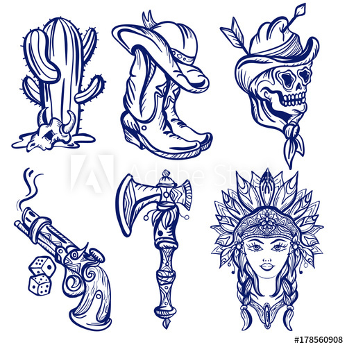 500x500 Wild West Old School Tattoo Sketch. Fashionable Western Set - Indian Tattoo Sketch