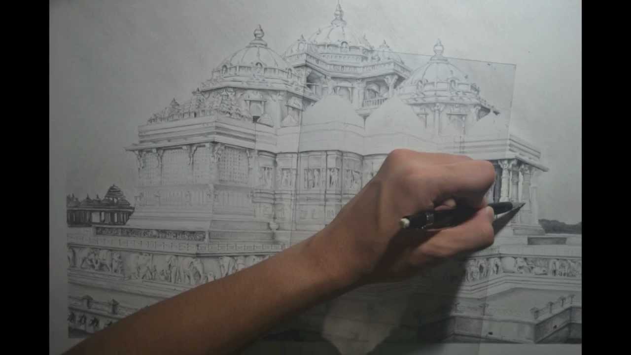 1280x720 Akshardham Temple Drawing - Indian Temple Sketch