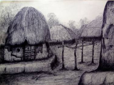 375x281 Indian Village Drawing By Vishwanath Bhat Saatchi Art - Indian Village Sketch