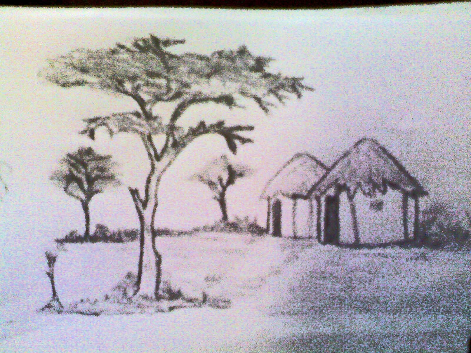 1600x1200 Landscape Painting In Pencil Sketch Sketch Of A Landscape Simple - Indian Village Sketch