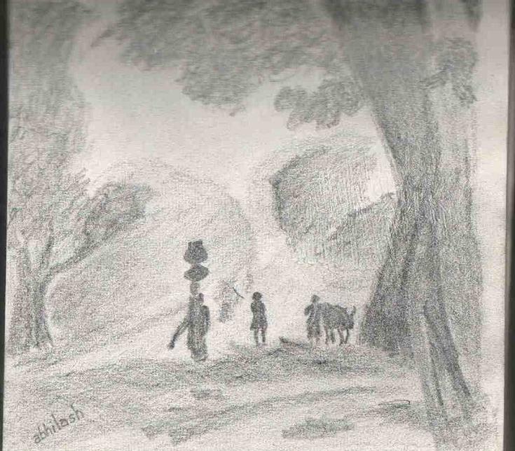 735x644 Sketches From Sunday, Sep.30, 2012 (A Typical Indian Village Dawn - Indian Village Sketch